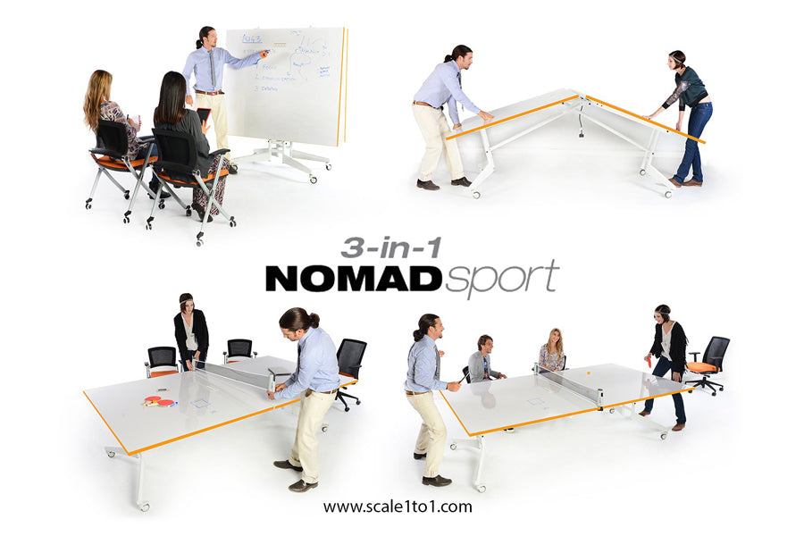Nomad Folding 9FT Sport Conference/Markerboard/Ping Pong Table by Scale 1:1, showing different angle views of nomad folding 9ft sport conference/markerboard/ping pong table in white/tangerine.