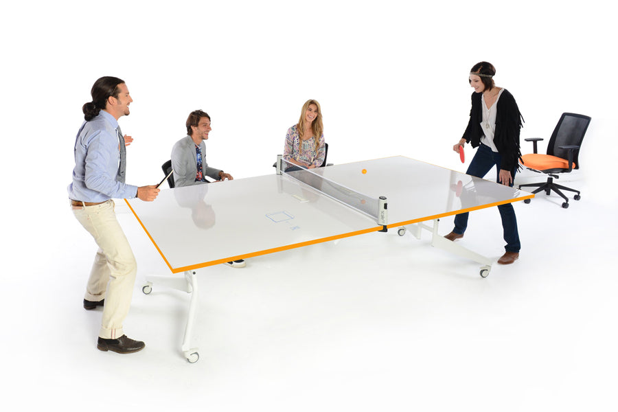Nomad Folding 9FT Sport Conference/Markerboard/Ping Pong Table by Scale 1:1, showing angle view of nomad folding 9ft sport conference/markerboard/ping pong table in white/tangerine.