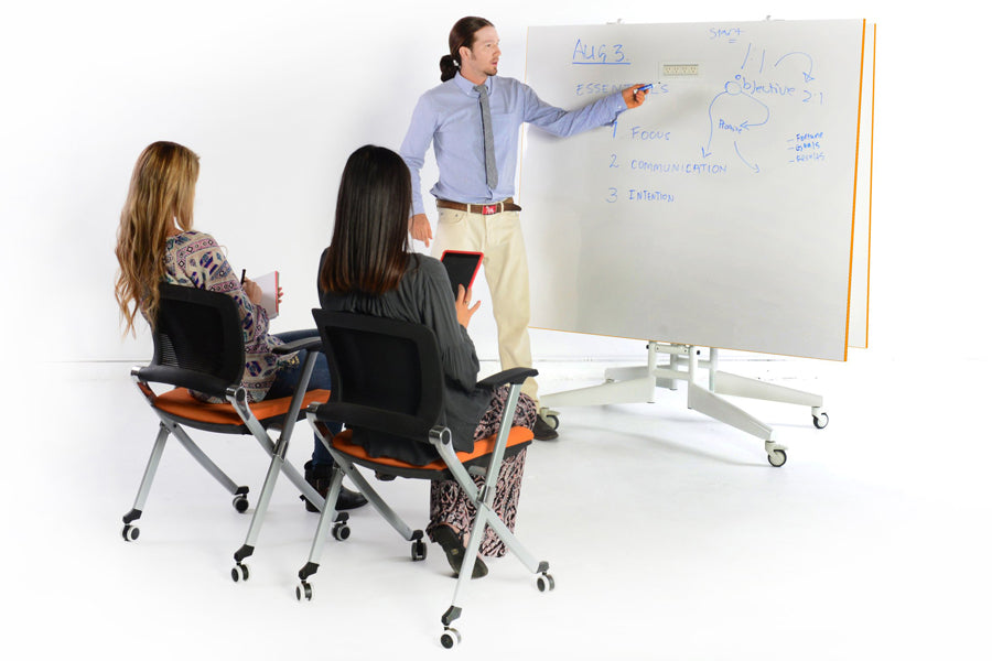 Nomad Folding 9FT Sport Conference/Markerboard/Ping Pong Table by Scale 1:1, showing folded front view of nomad folding 9ft sport conference/markerboard/ping pong table in white/tangerine.