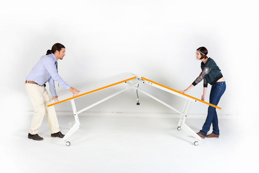 Nomad Folding 9FT Sport Conference/Markerboard/Ping Pong Table by Scale 1:1, showing foldable view of nomad folding 9ft sport conference/markerboard/ping pong table in white/tangerine.