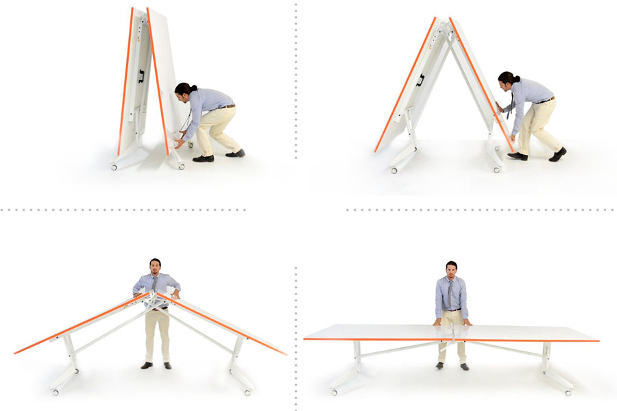 Nomad Folding Conference and Ping Pong Table by Scale 1:1, showing different angles of nomad folding conference and ping pong tables in white/tangerine.