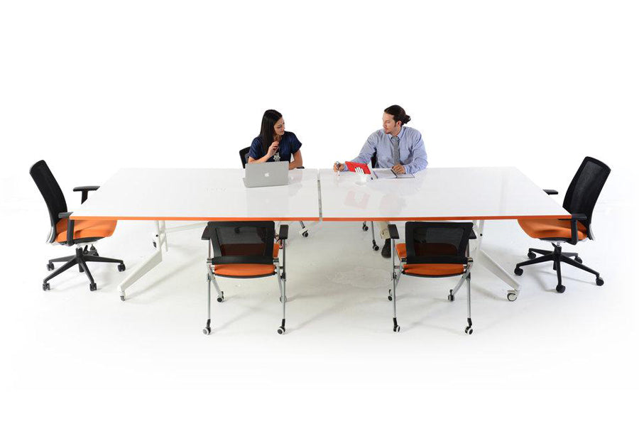 Nomad Folding Conference and Ping Pong Table by Scale 1:1, showing front view of nomad folding conference and ping pong table in white/tangerine.