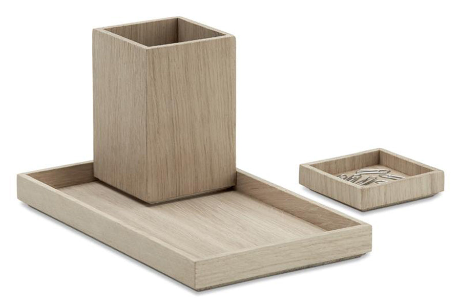 Nomad Pen Holder by Skagerak, showing nomad pen holder with tray in natural oak wood.