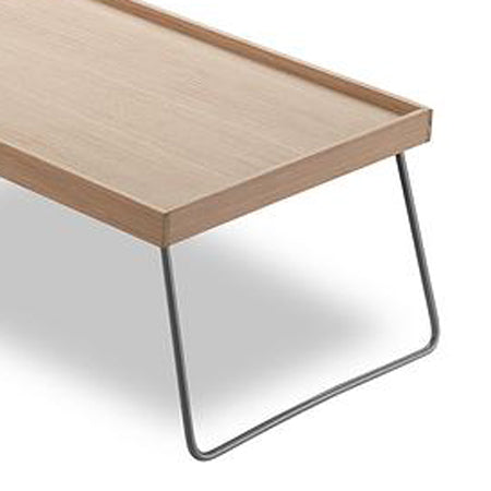 Nomad Table Tray by Skagerak, showing closeup view of nomad table tray in oak/silk grey steel.