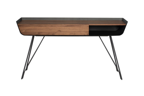 Noori Console Table by Nuevo, showing front view of noori console table in walnut veneer top/titanium steel legs.