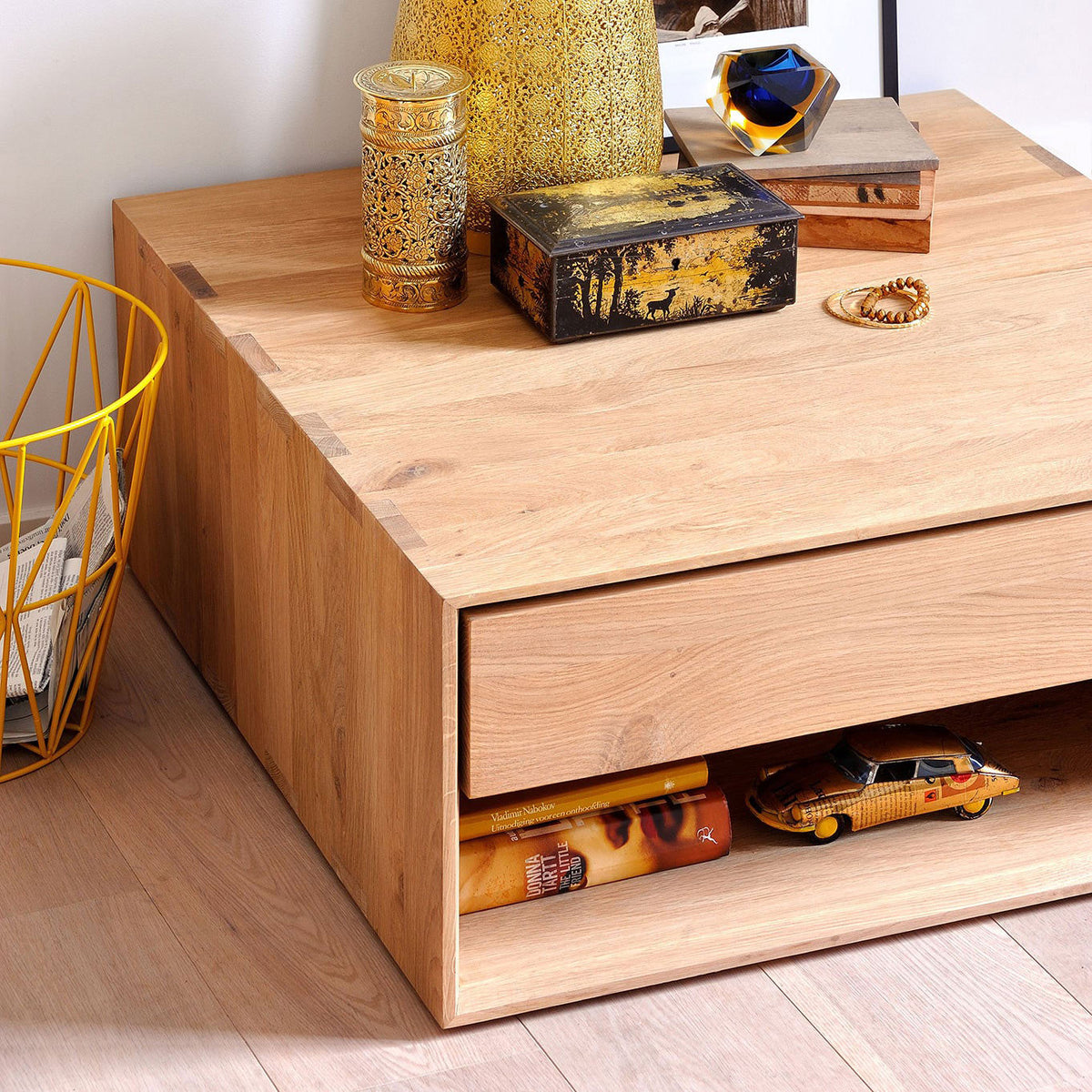 Nordic ll Nightstand by Ethnicraft, showing closeup view of nordic ii oak nighstand in live shot.