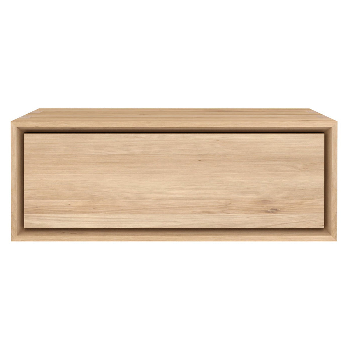 Nordic ll Nightstand by Ethnicraft, showing front view of nordic ii oak nighstand in solid oak/8" high hanging.
