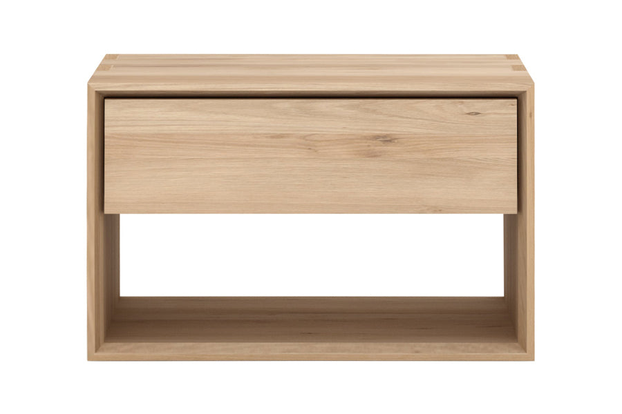 Nordic ll Nightstand by Ethnicraft, showing front view of nordic ii oak nighstand in solid oak/15" high standing.