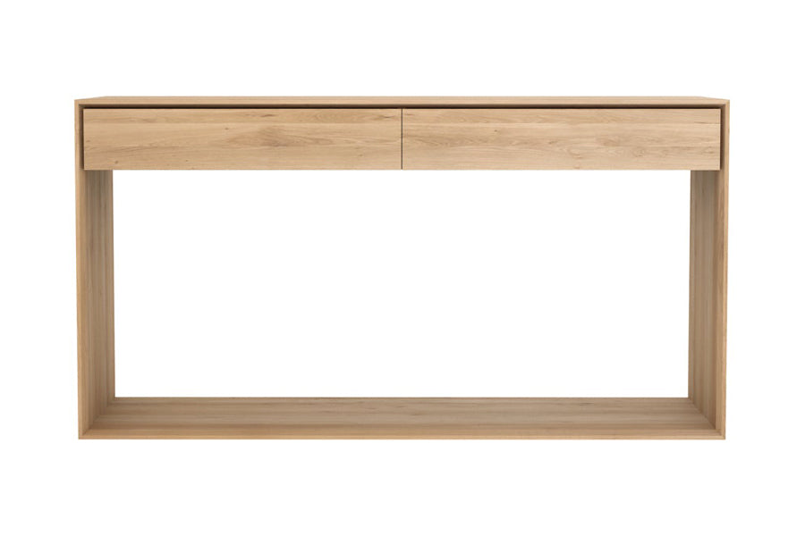Nordic Console by Ethnicraft, showing front view of nordic oak console in oak/63" x 16".