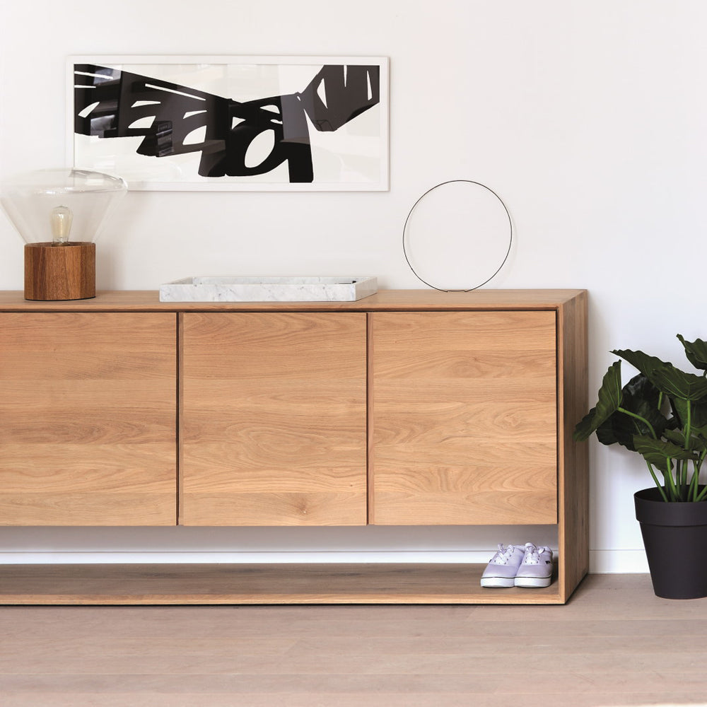 Nordic Sideboard by Ethnicraft, showing closeup view of nordic oak sideboard in live shot.