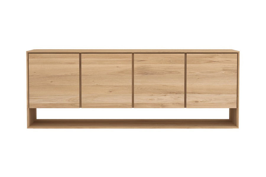 Nordic Sideboard by Ethnicraft, showing front view of nordic oak sideboard in oak/83" x 18" 4 doors.