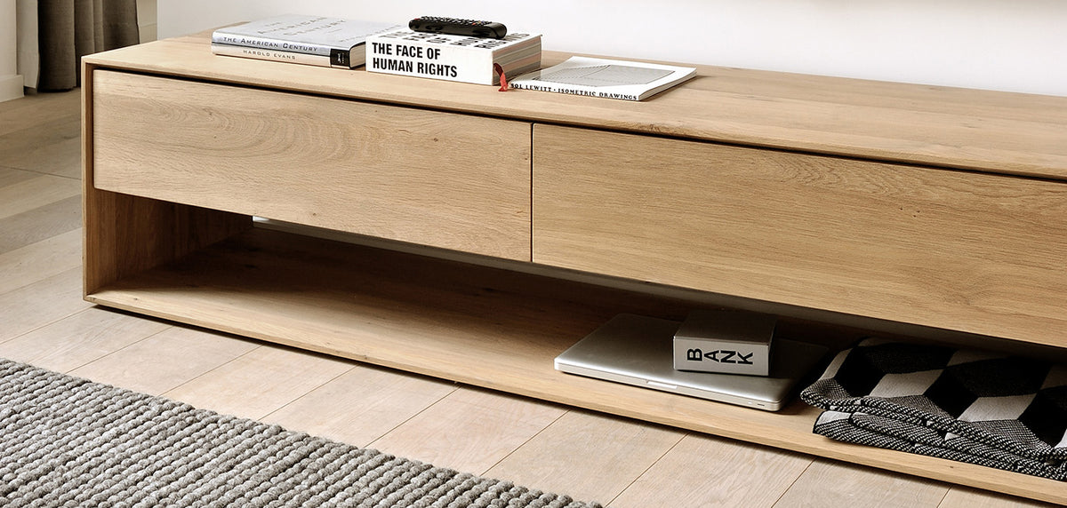 Nordic TV Cupboard by Ethnicraft, showing nordic oak tv cupboard in live shot.