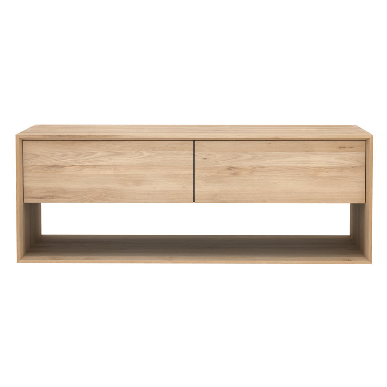 Nordic TV Cupboard by Ethnicraft, showing front view of nordic oak tv cupboard in oak/47" x 18".
