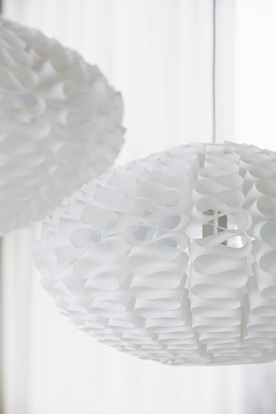Norm Pendant Lamp by Normann Copenhagen, showing closeup view of norm pendant lamps in live shot.