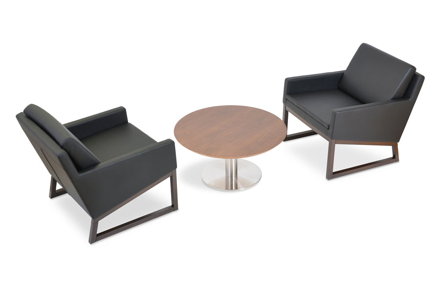 Nova Wood Arm Chair by SohoConcept, showing two wood arm chairs with table in live shot.