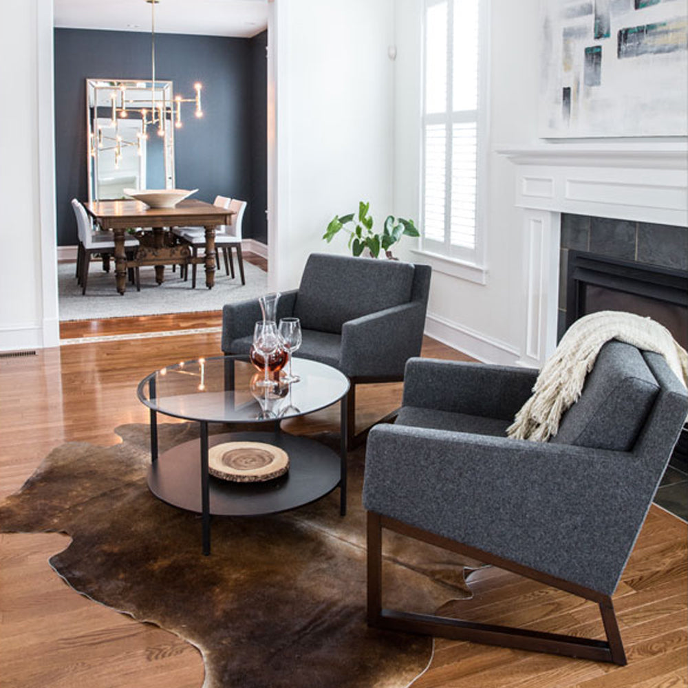 Nova Wood Arm Chair by SohoConcept, showing two wood arm chairs with table in live shot.