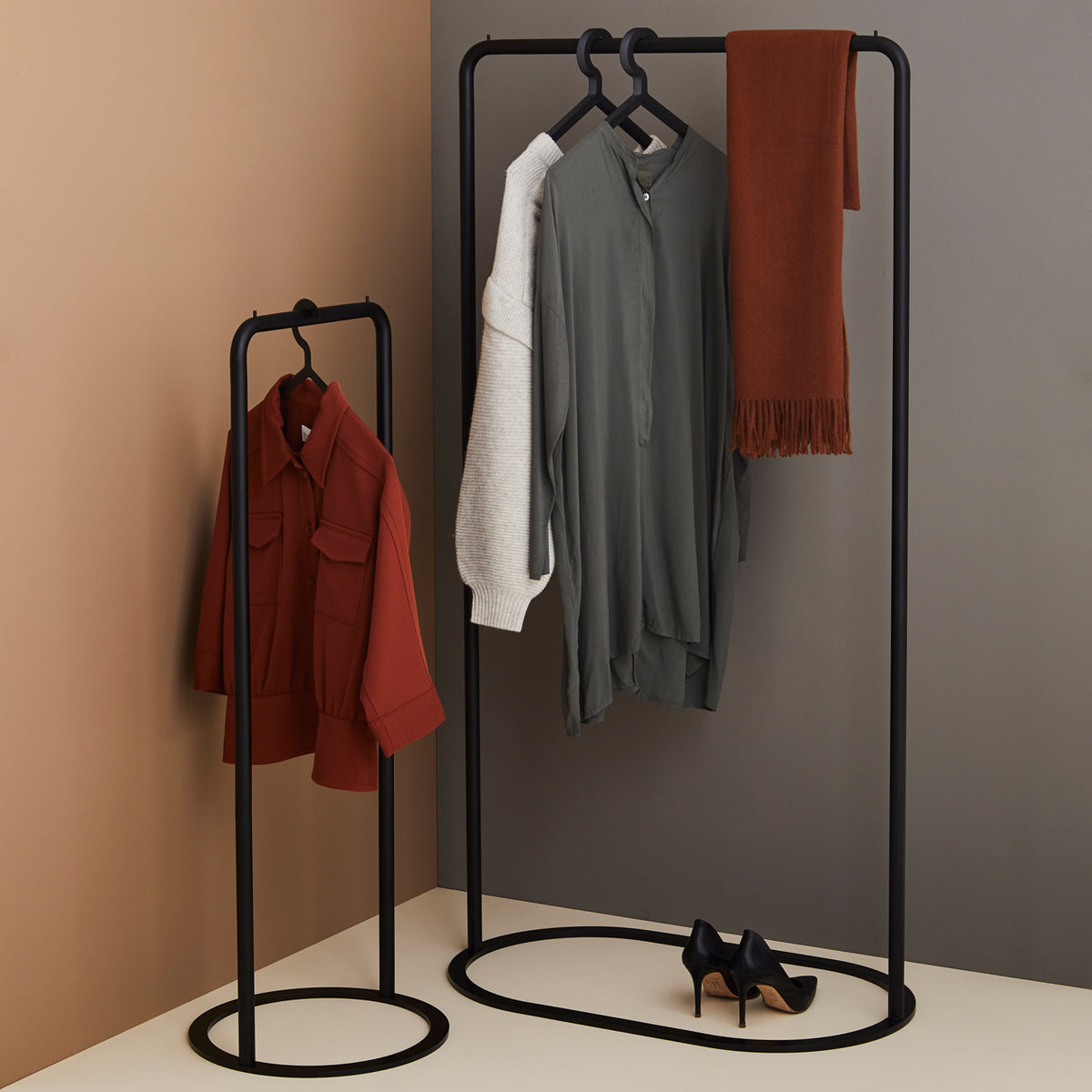 O&O Clothes Rack by Woud, showing o&o clothes racks in live shot.