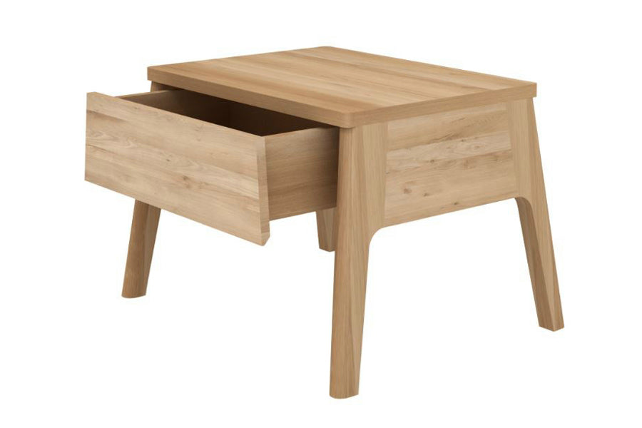 Air Oak Bedside Table by Ethnicraft, showing angle & open view of the bedside table.