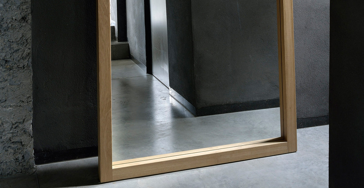 Light Frame Floor Mirror by Ethnicraft, showing closeup view of oak light frame floor mirror in live shot.
