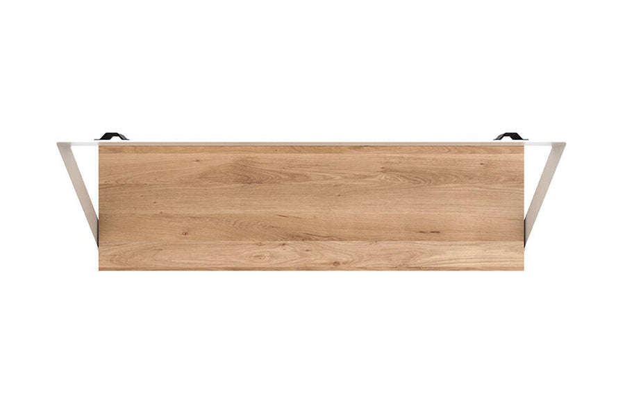 Ribbon Shelf by Ethnicraft, showing top view of oak ribbon shelf in oak wood/white metal.