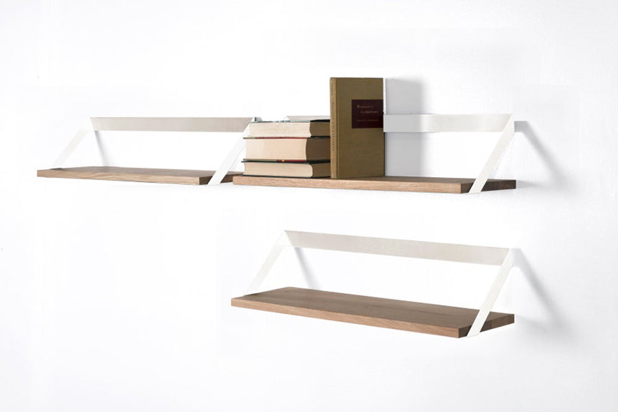 Ribbon Shelf by Ethnicraft, showing oak ribbon shelves in live shot.