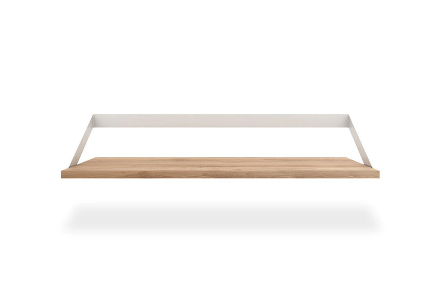 Ribbon Shelf by Ethnicraft, showing front view of oak ribbon shelf in oak wood/white metal.