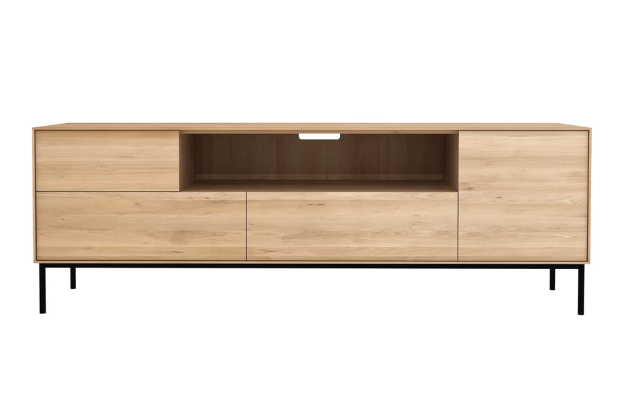 Whitebird TV Cupboard by Ethnicraft, showing front view of oak tv cupboard.