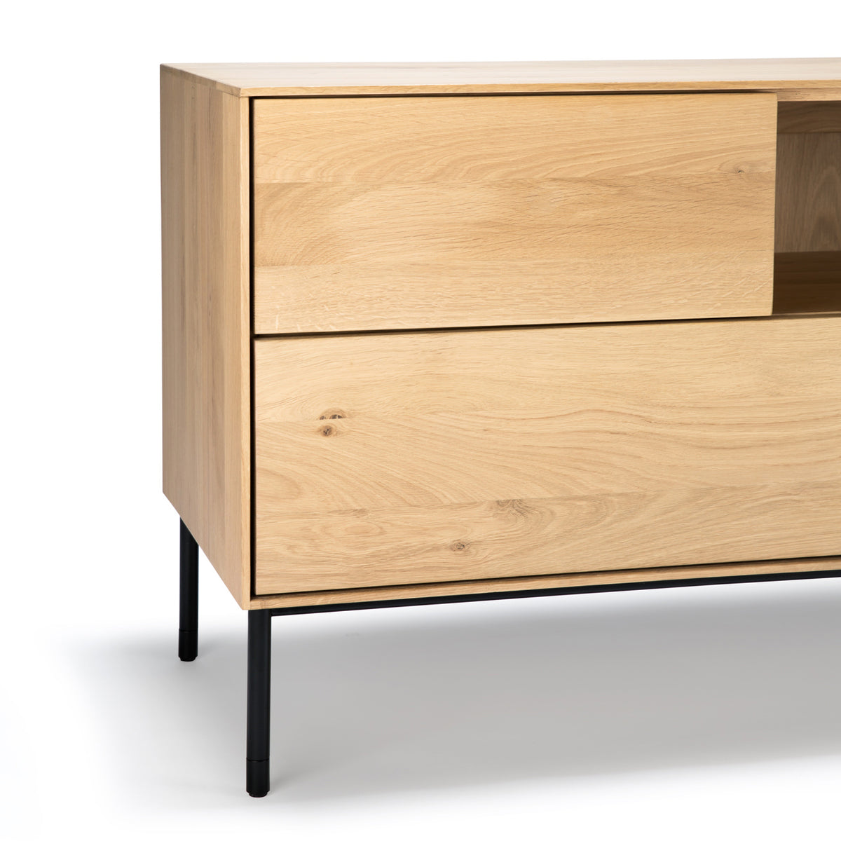 Whitebird TV Cupboard by Ethnicraft, showing closeup view of oak tv cupboard.