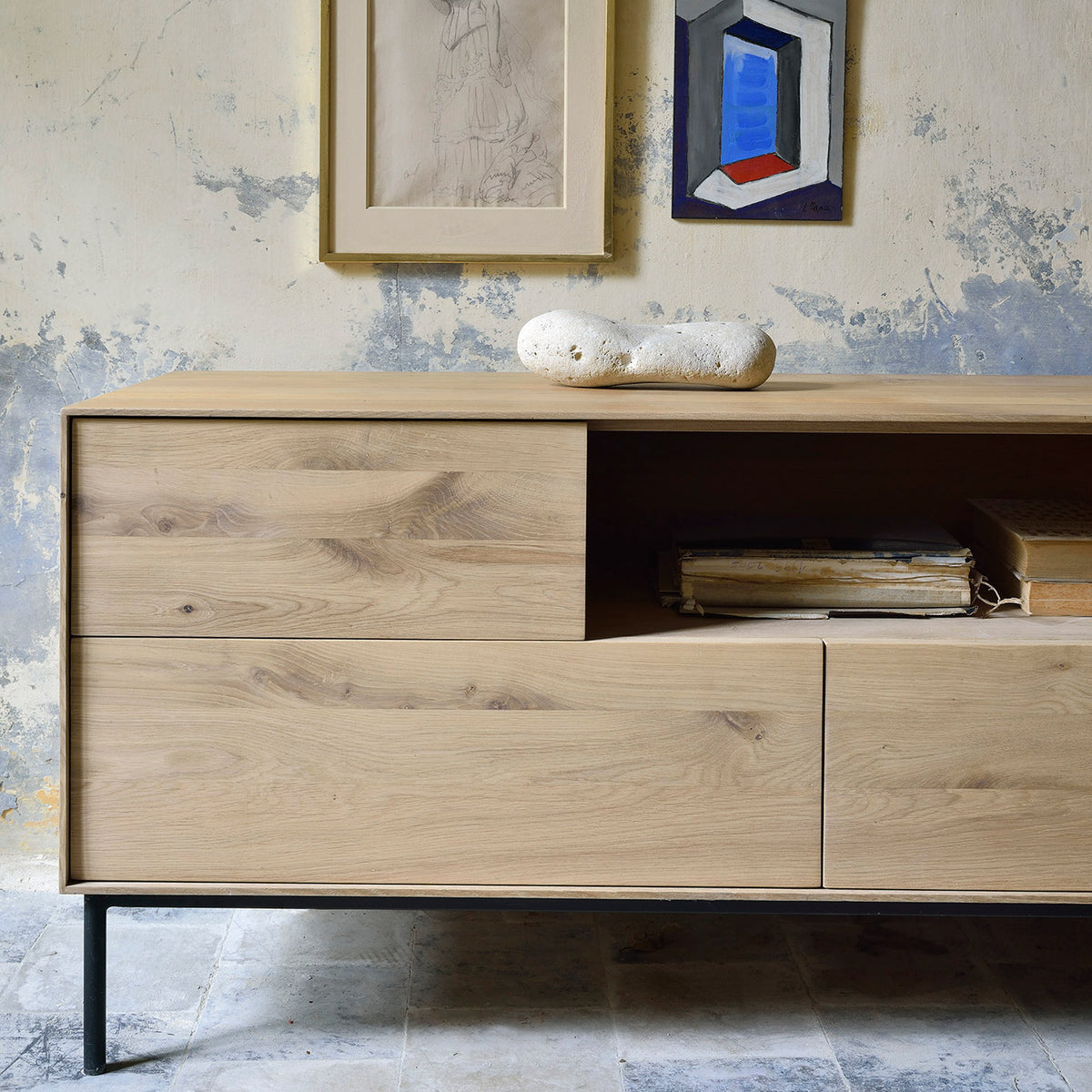Whitebird TV Cupboard by Ethnicraft, showing closeup view of oak tv cupboard in live shot.