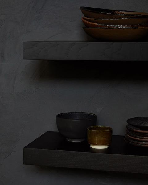 Wall Shelf by Ethnicraft, showing closeup view of oak wall shelves in live shot.