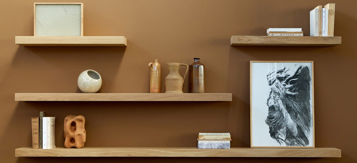 Wall Shelf by Ethnicraft, showing oak wall shelves in live shot.
