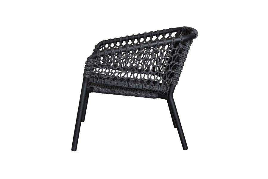 Ocean Outdoor Lounge Chair by Cane-Line, showing side view of ocean outdoor lounge chair in dark grey soft rope/aluminum, no cushion set.