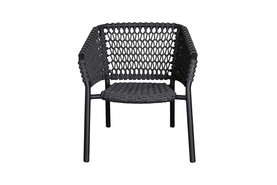 Ocean Outdoor Lounge Chair by Cane-Line, showing front view of ocean outdoor lounge chair in dark grey soft rope/aluminum, no cushion set.