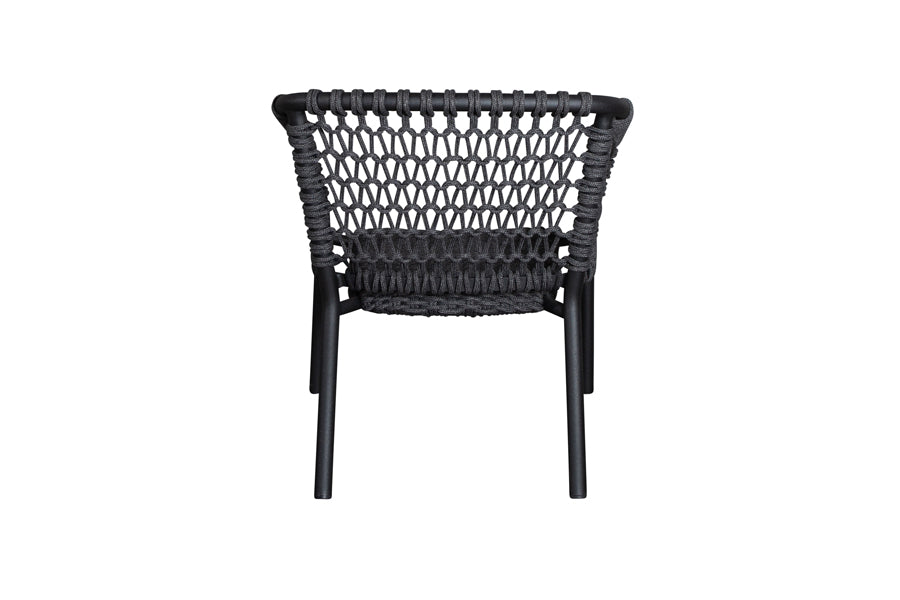 Ocean Outdoor Lounge Chair by Cane-Line, showing back view of ocean outdoor lounge chair in dark grey soft rope/aluminum, no cushion set.