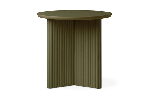 Odeon Round End Table by Gus, showing front view of odeon round end table in olive veneer wood.