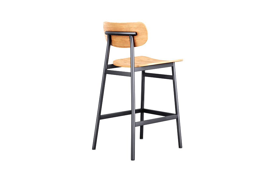 Ojai Stool by Kollektiff, showing back view of ojai stool in natural stained oak + black painted mframe.