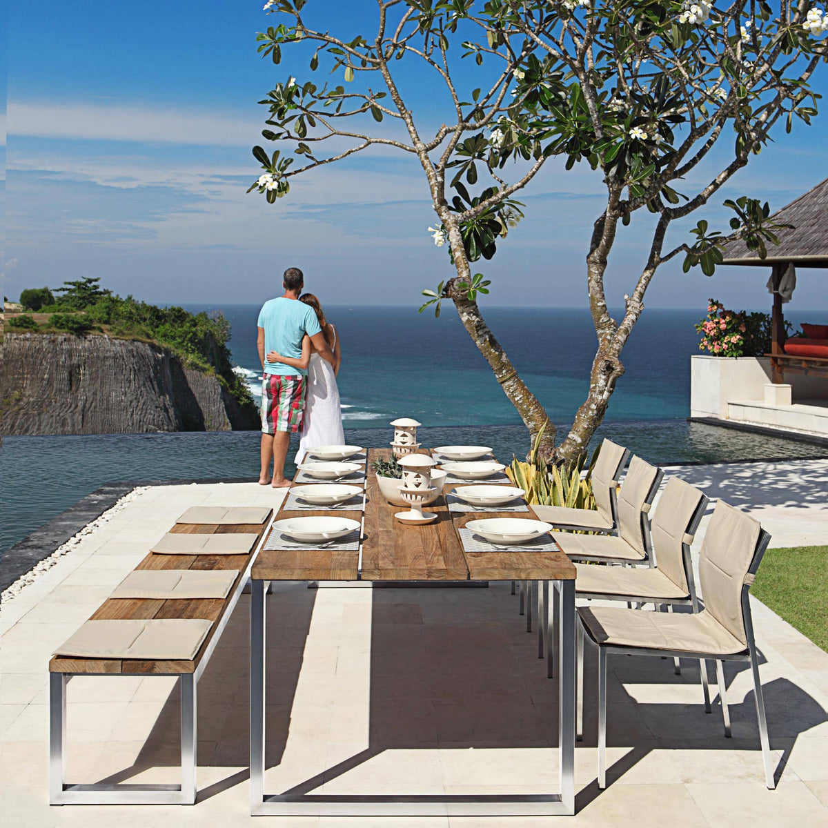 Oko Dining Bench by Mamagreen, showing oko dining bench with dining table & dining chairs in live shot.