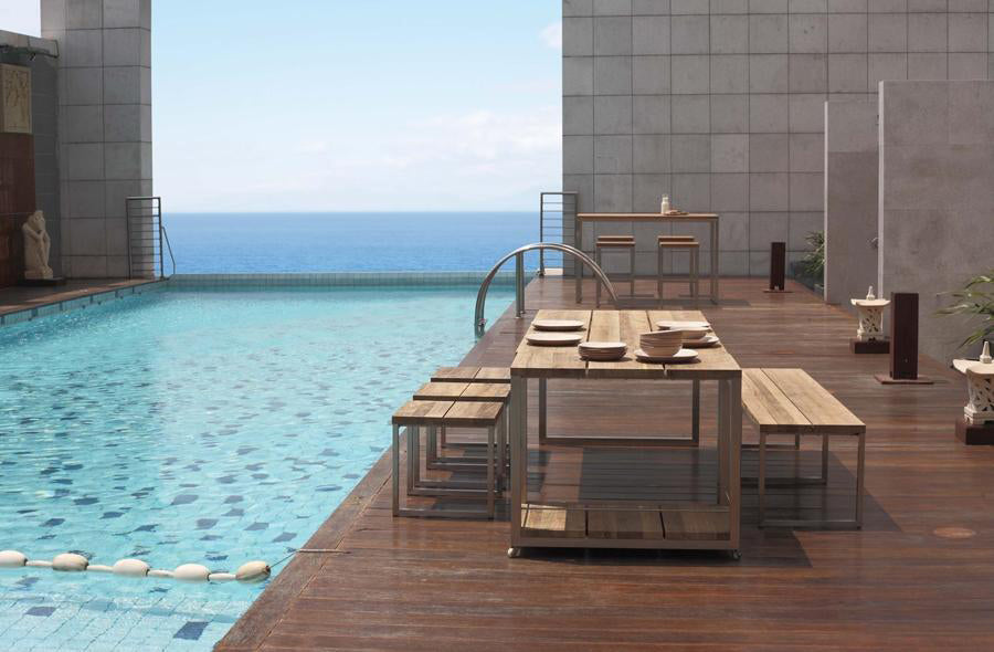 Oko Dining Bench by Mamagreen, showing oko dining bench with dining table, stools & trolley in live shot.