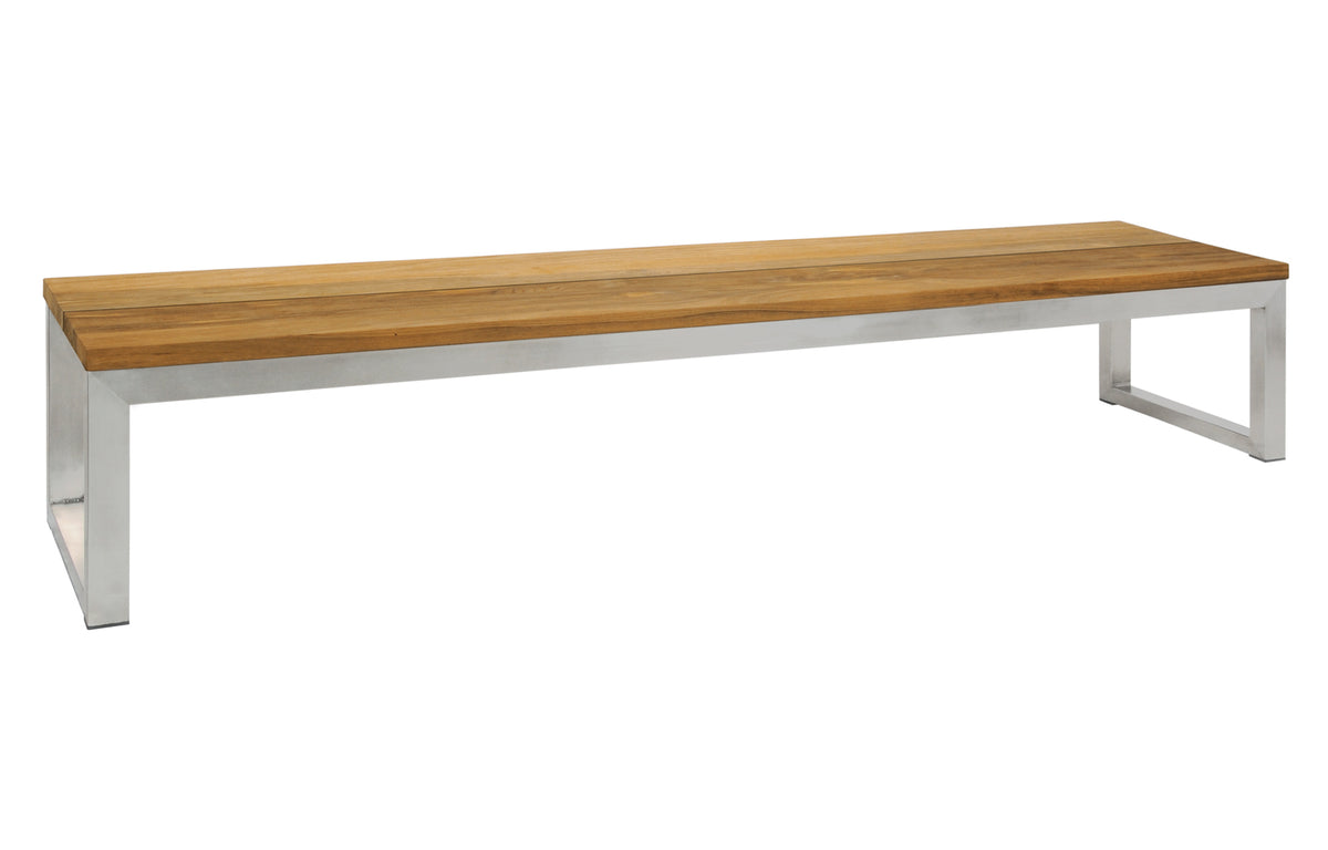 Oko Dining Bench by Mamagreen - 103" x 18", Hairline 304 Stainless Steel/Brushed Recycled Teak Wood.