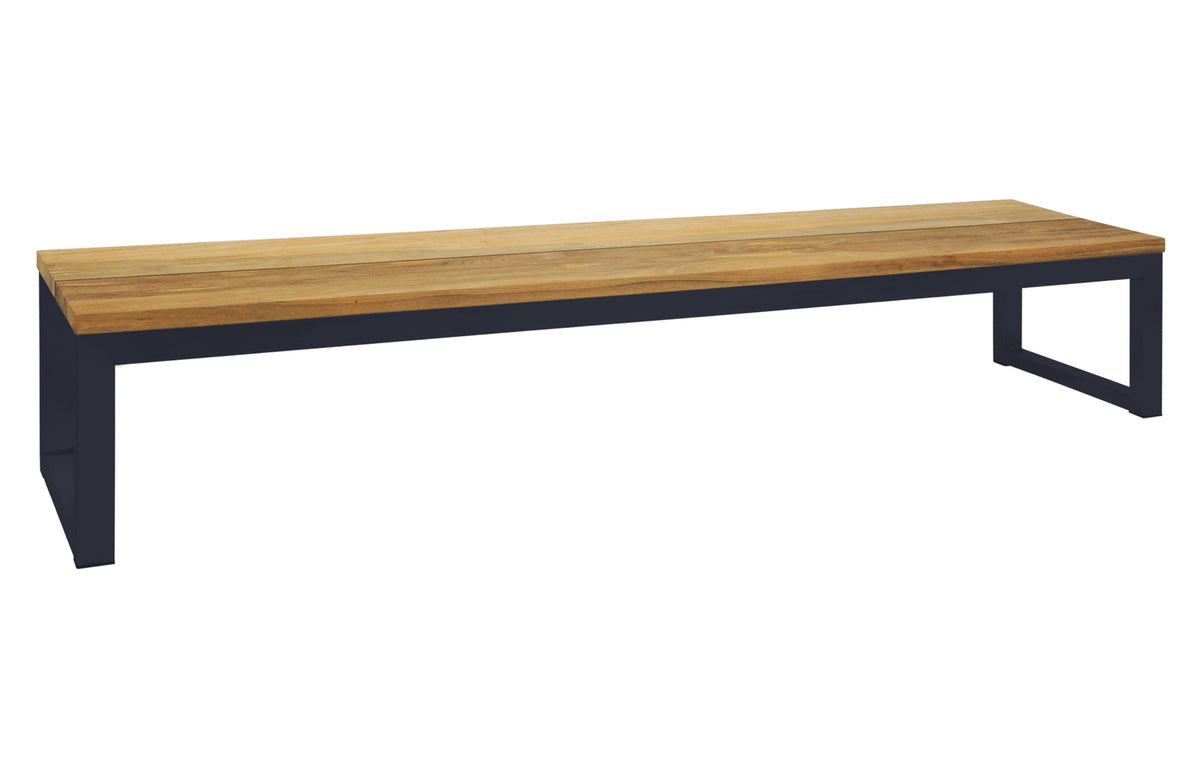 Oko Dining Bench by Mamagreen - 103" x 18", Black Sand Stainless Steel/Brushed Recycled Teak Wood.