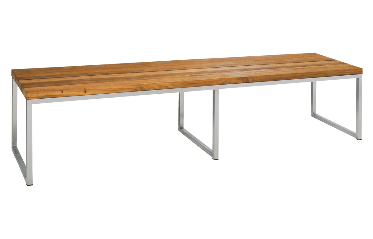 Oko Dining Bench by Mamagreen - 73" x 18", Hairline 304 Stainless Steel/Brushed Recycled Teak Wood.