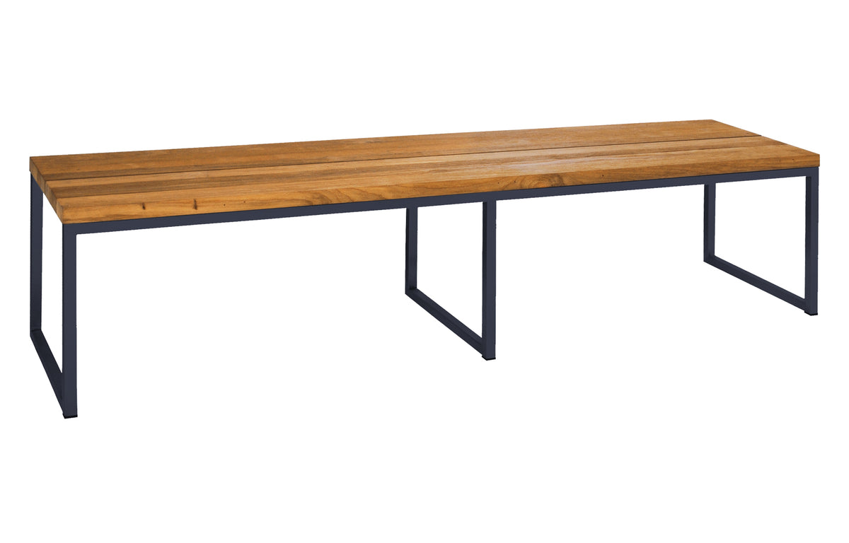Oko Dining Bench by Mamagreen - 73" x 18", Black Sand Stainless Steel/Brushed Recycled Teak Wood.