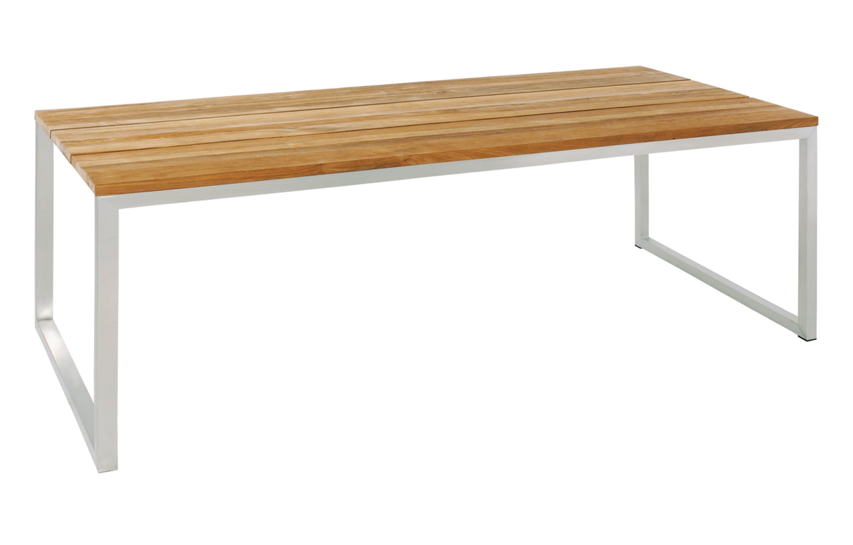 Oko Dining Table by Mamagreen - 79" x 36", Hairline 304 Stainless Steel/Brushed Recycled Teak Wood.