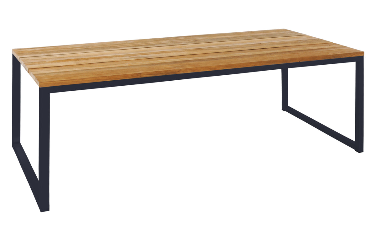 Oko Dining Table by Mamagreen - 79" x 36", Black Sand Stainless Steel/Brushed Recycled Teak Wood.