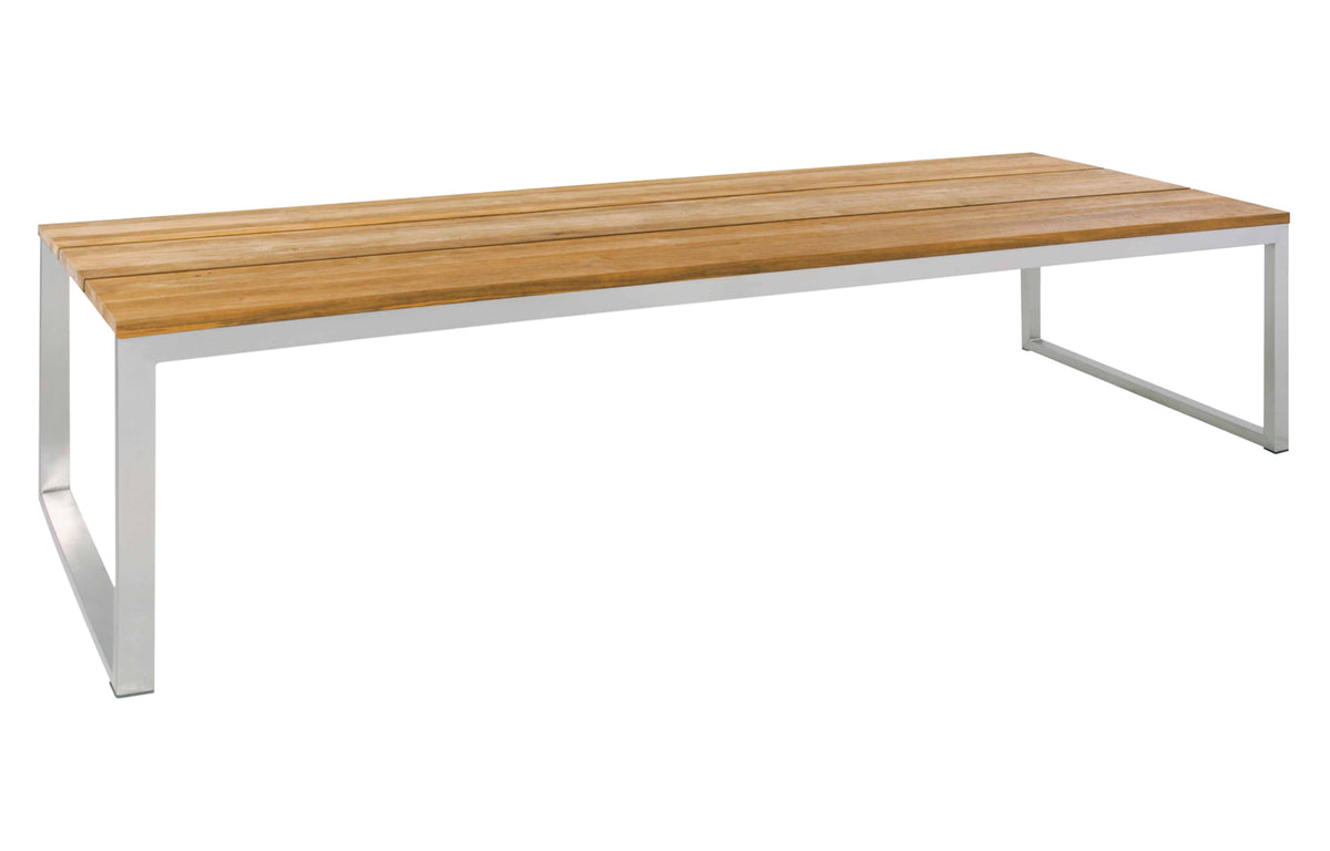 Oko Dining Table by Mamagreen - 118" x 40", Hairline 304 Stainless Steel/Brushed Recycled Teak Wood.