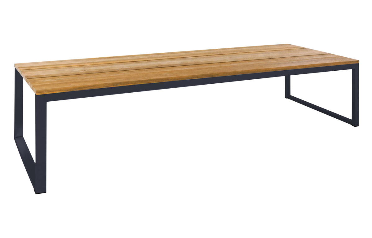 Oko Dining Table by Mamagreen - 118" x 40", Black Sand Stainless Steel/Brushed Recycled Teak Wood.