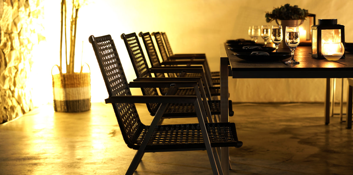 Olaf Dining Armchair by Mamagreen, showing olaf dining armchairs with dining table in live shot.