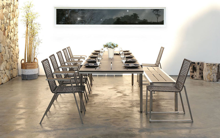 Olaf Dining Armchair by Mamagreen, showing olaf dining armchairs with dining table, bench & dining side chairs in live shot.