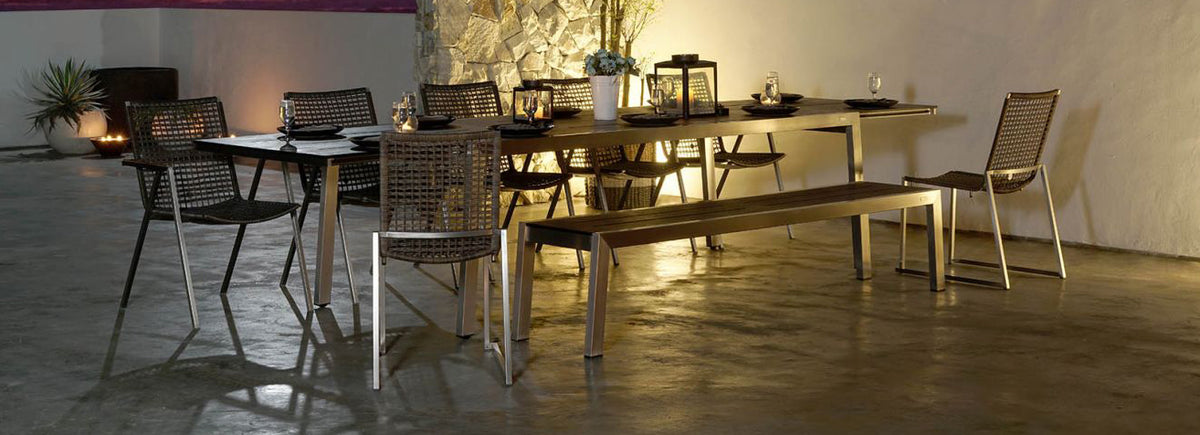 Olaf Dining Armchair by Mamagreen, showing olaf dining armchairs with dining table, bench & dining side chairs in live shot.