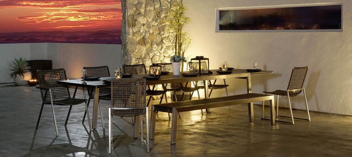 Olaf Dining Side Chair by Mamagreen, showing olaf dining side chairs with table, armchairs & bench in live shot.